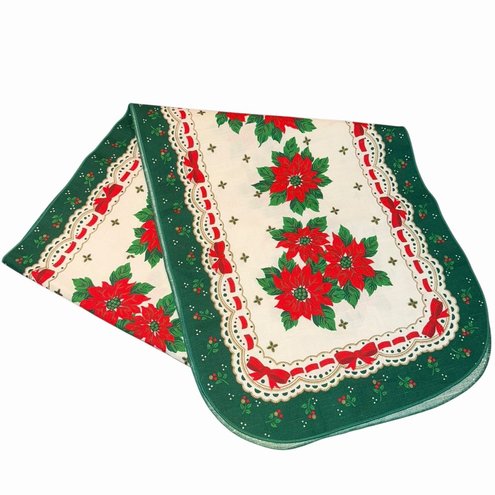 Vintage Christmas Poinsettia Table Runner Green, Red, Ivory 68” x 15 3/8”